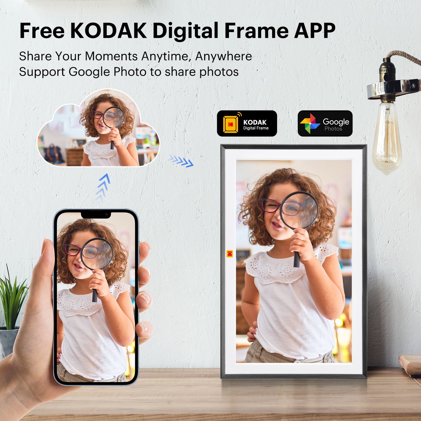 KODAK | RCF-1561P | 15.6" Smart Digital Photo Frame - Wooden Frame Design, USB-C, Safety Mark Certified, 1-Year Warranty