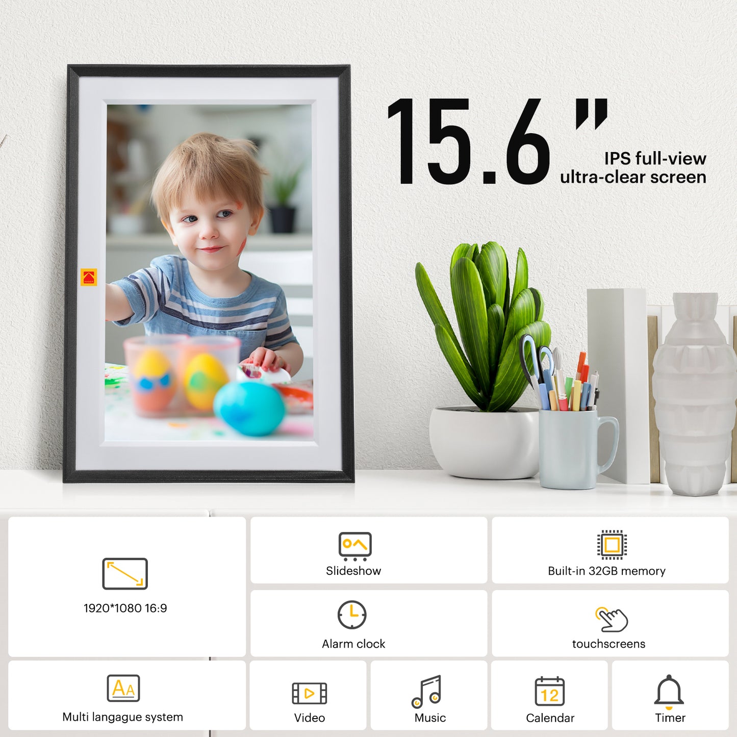 KODAK | RCF-1561P | 15.6" Smart Digital Photo Frame - Wooden Frame Design, USB-C, Safety Mark Certified, 1-Year Warranty