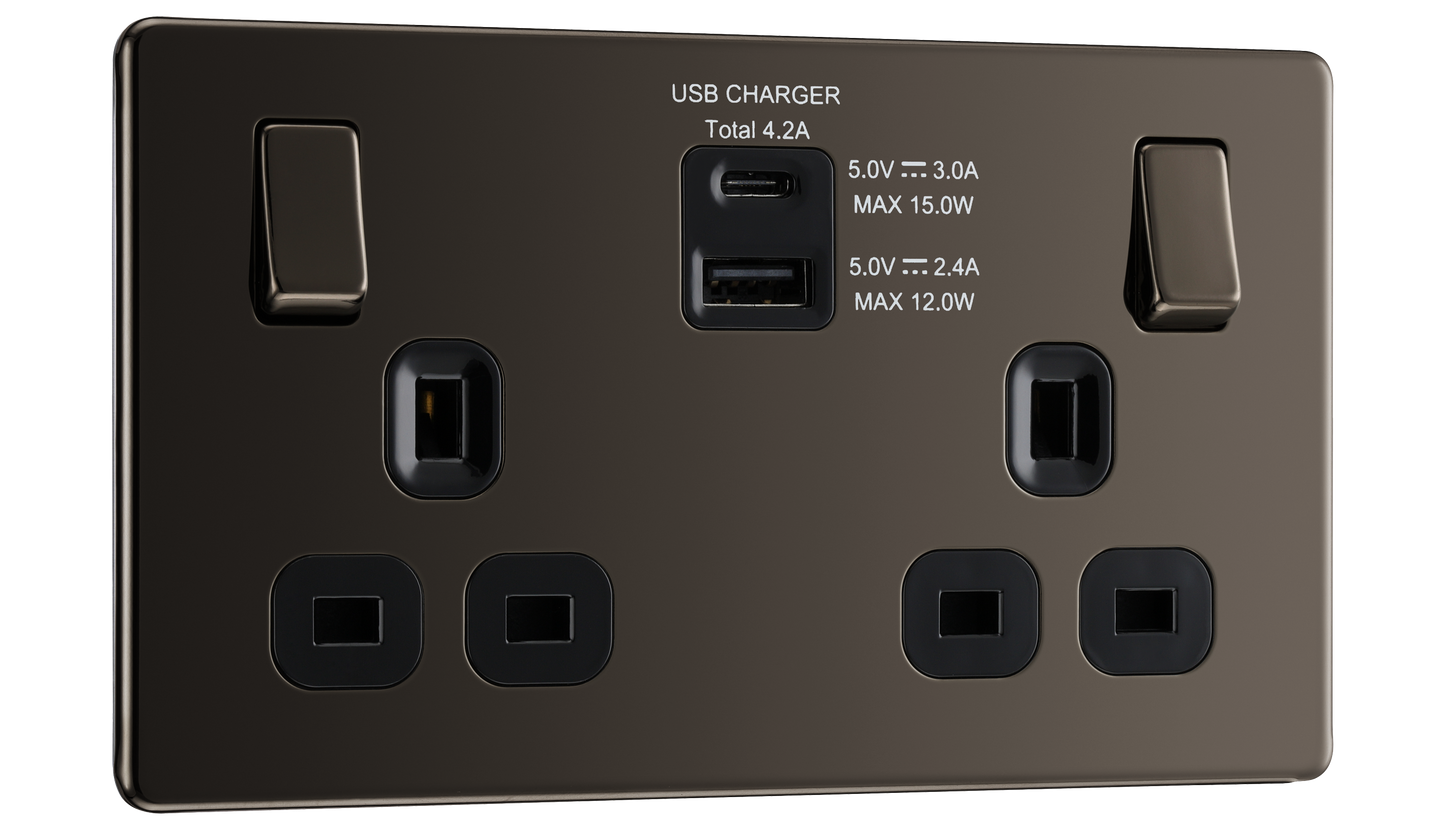 British General | FBN22UACB | Double Gang USB Type-C Smart Charging Switched Socket | 10 Years Warranty