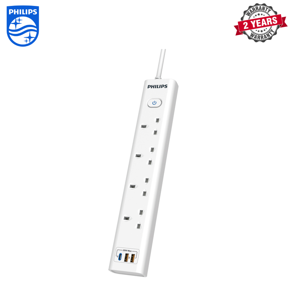 Philips | CHP8241WA/69 | 4 Gang Extension Socket with 2*USB A & 1*USB C, On/off button | 2 Years Warranty