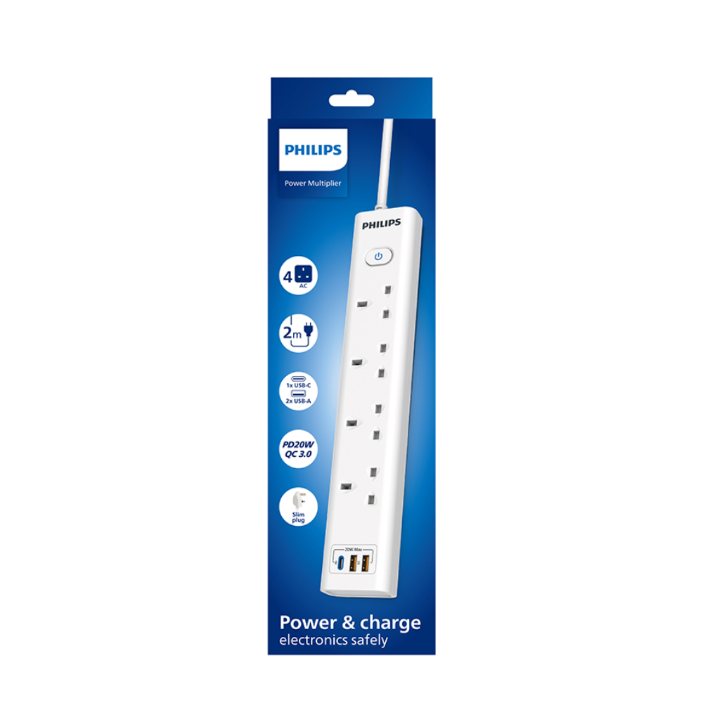 Philips | CHP8241WA/69 | 4 Gang Extension Socket with 2*USB A & 1*USB C, On/off button | 2 Years Warranty