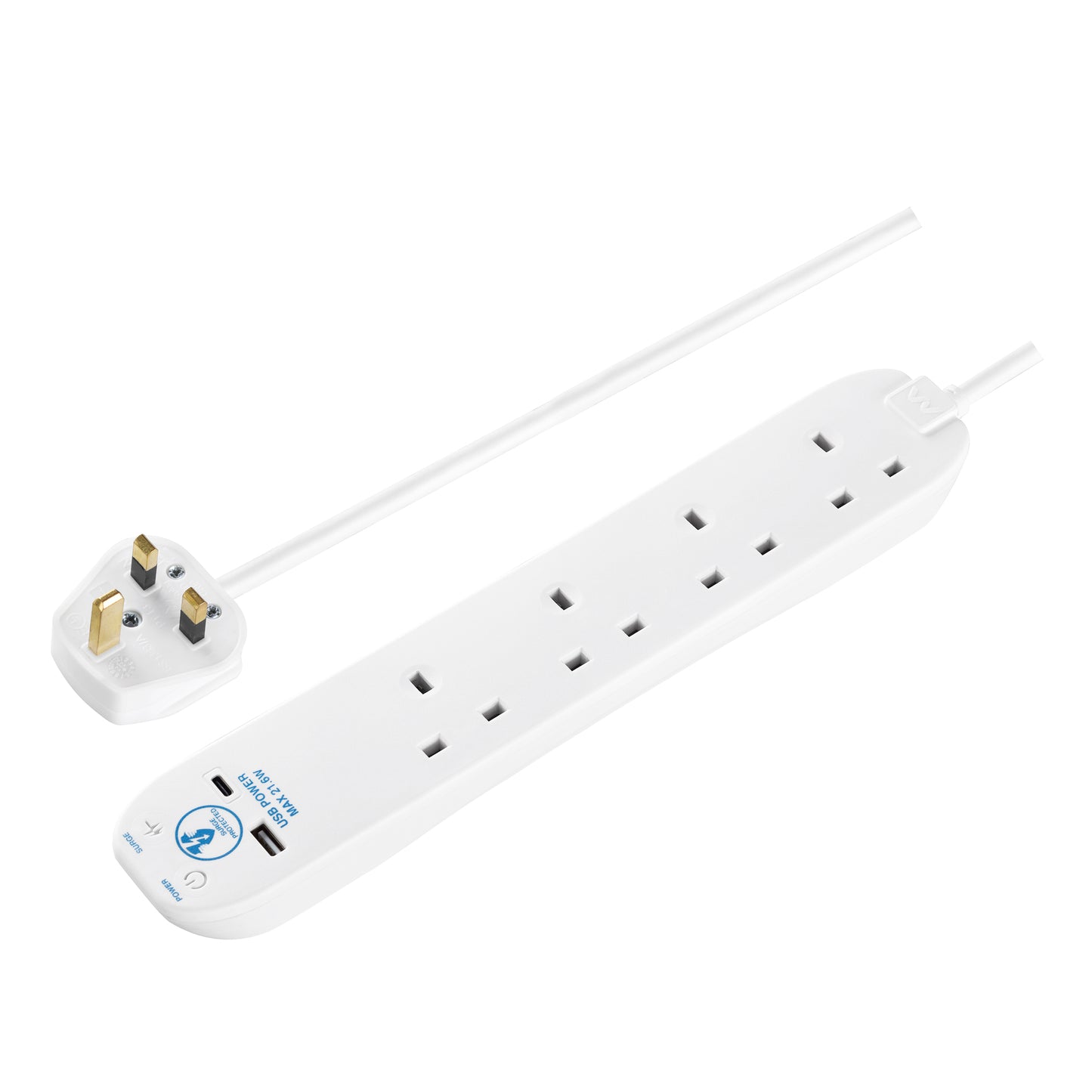 Masterplug | SRGUAC2242N | Surge Extension Lead Fast Charge USB A&C, 4 Sockets, 2 meter, Black/ Whitye|