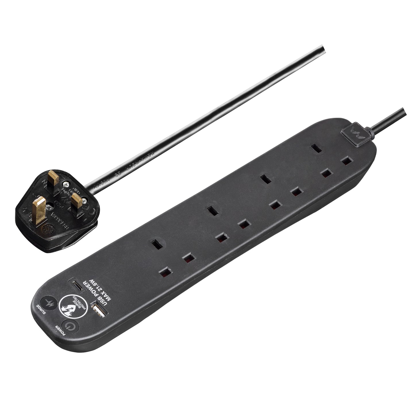 Masterplug | SRGUAC2242N | Surge Extension Lead Fast Charge USB A&C, 4 Sockets, 2 meter, Black/ Whitye|