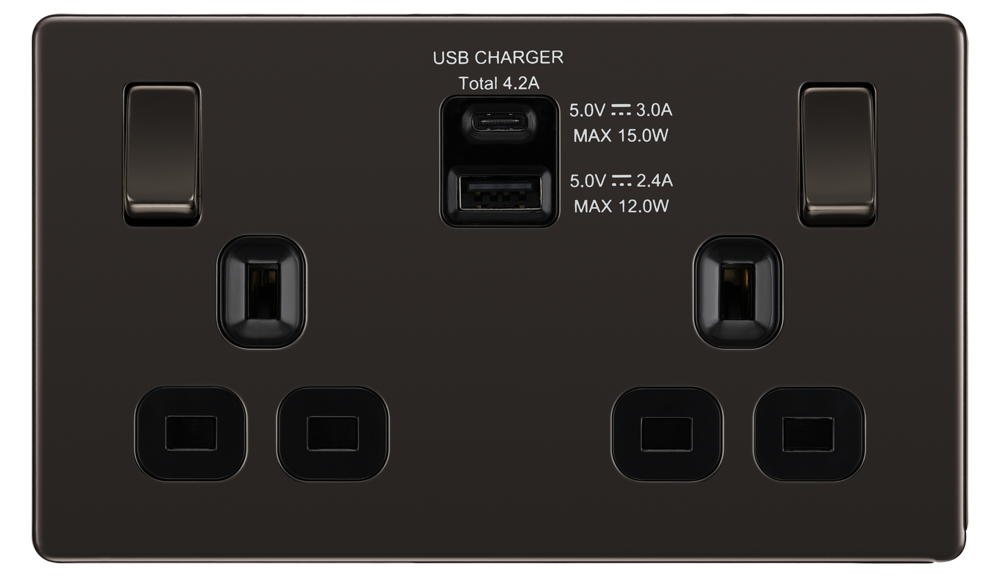 British General | FBN22UACB | Double Gang USB Type-C Smart Charging Switched Socket | 10 Years Warranty