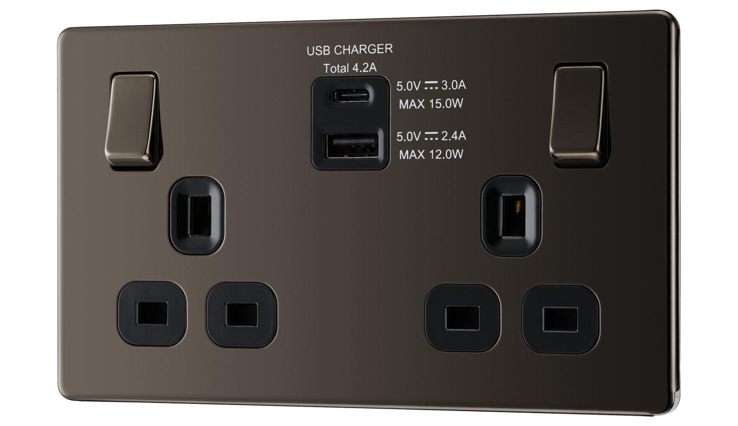 British General | FBN22UACB | Double Gang USB Type-C Smart Charging Switched Socket | 10 Years Warranty