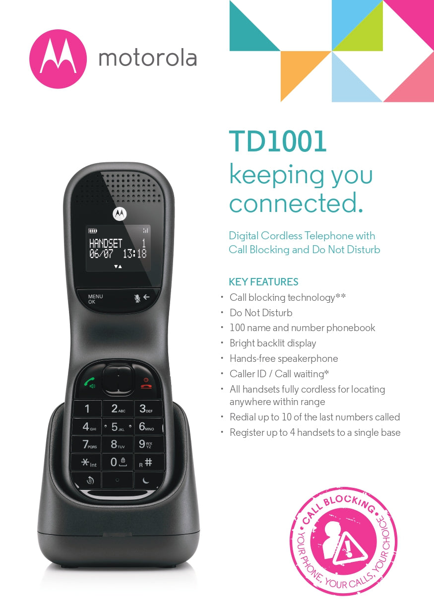 Motorola | TD1002 BK | Dect Phone Twin | 2 Year Warranty