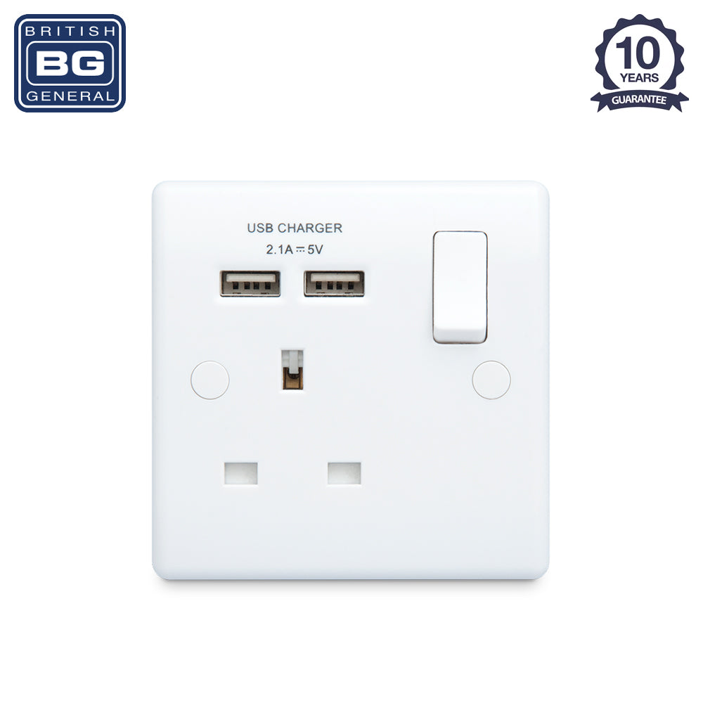 British General | 821U2 | Moulded 13 Amp Power Single Socket with USB Charger, White | 10 Years Warranty