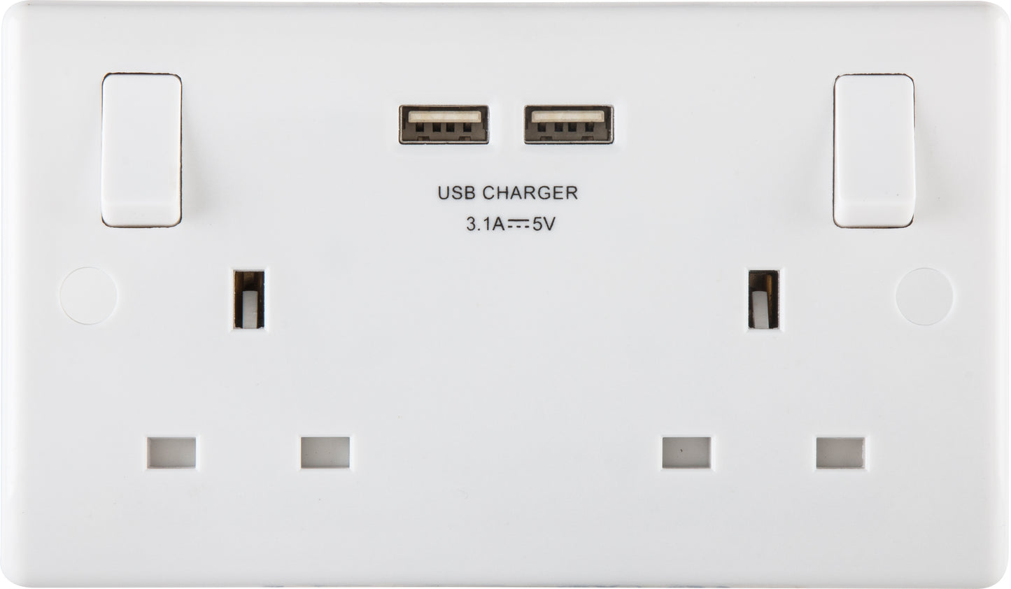 British General | 822U3 | Moulded 13 Amp Power Double Socket with USB Charger, White | 10 Years Warranty