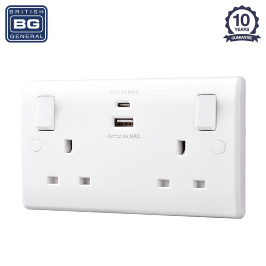 British General | 822UAC | Moulded Double Gang USB Type-C Smart Charging Switched Socket | 10 Years Warranty