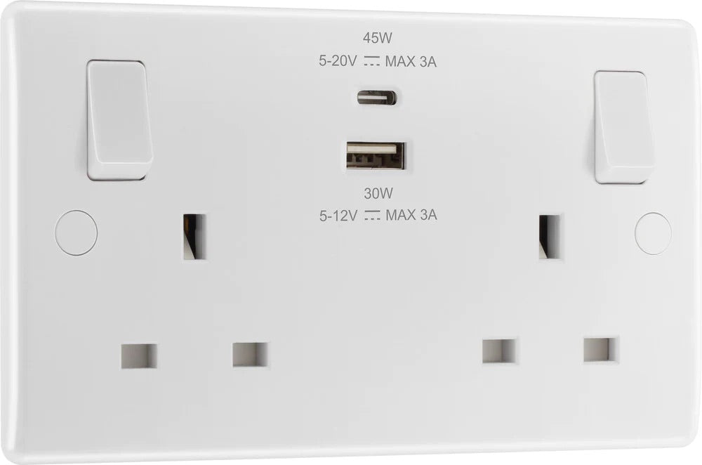 British General | 822UAC45 | Moulded Double Gang USB Type-C Smart Charging Switched Socket | 10 Years Warranty