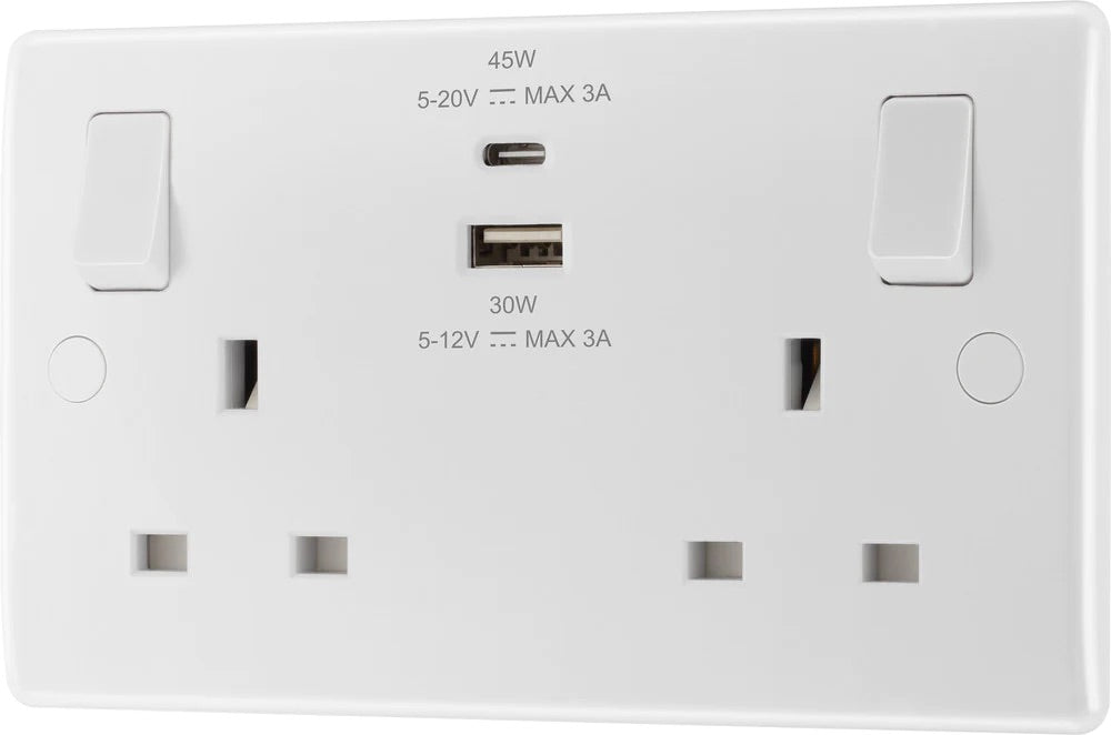 British General | 822UAC45 | Moulded Double Gang USB Type-C Smart Charging Switched Socket | 10 Years Warranty