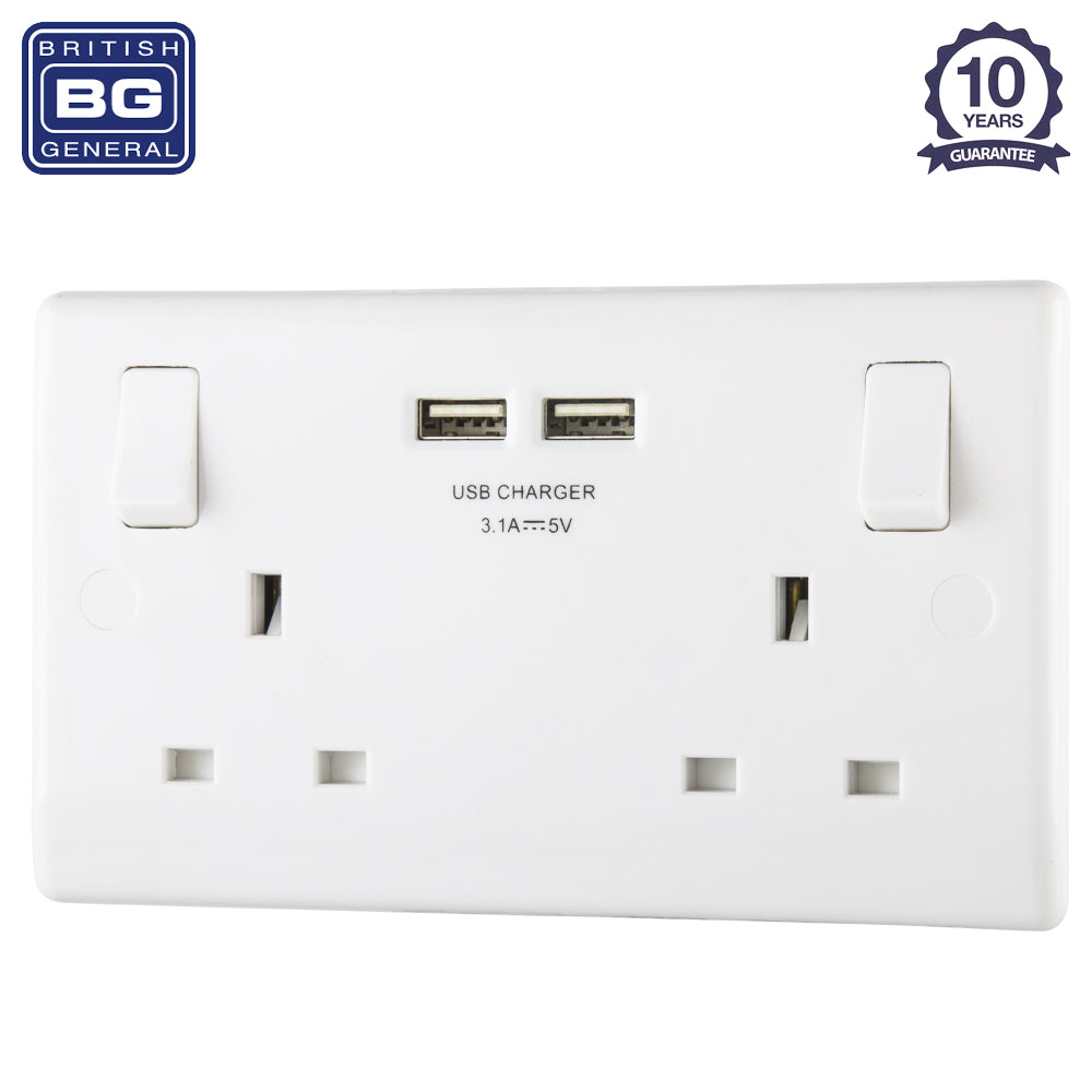 British General | 822U3 | Moulded 13 Amp Power Double Socket with USB Charger, White | 10 Years Warranty