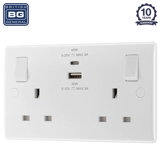 British General | 822UAC45 | Moulded Double Gang USB Type-C Smart Charging Switched Socket | 10 Years Warranty