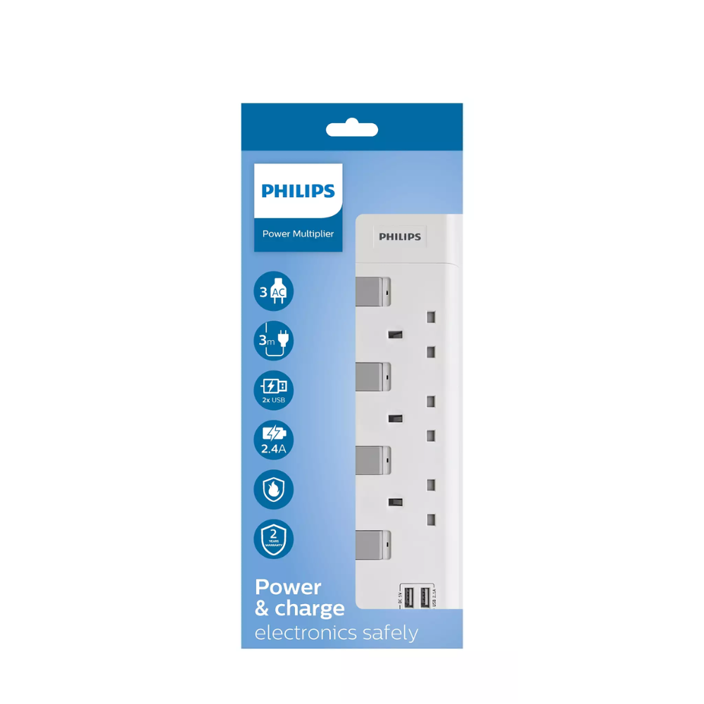 Philips | CHP4130WB/69 | 3 gang extension socket with Individual switch, 2*USB A | 2 Year Warranty