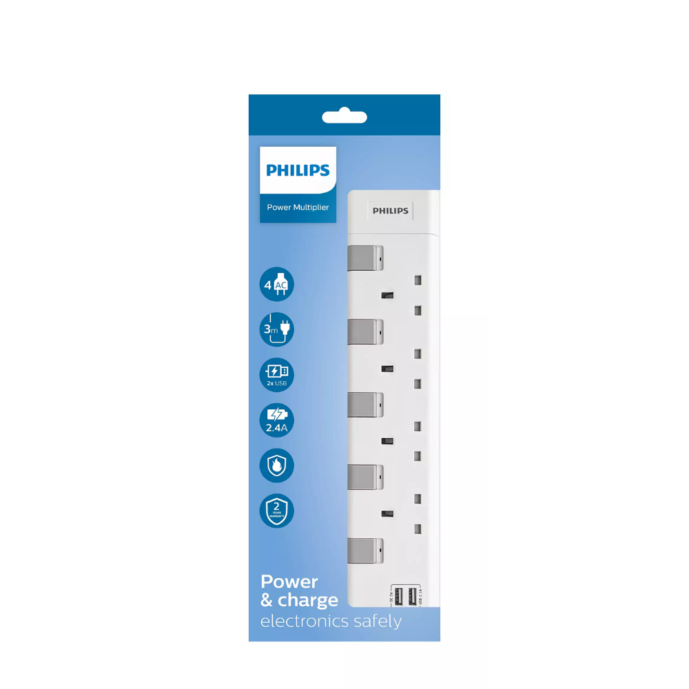 Philips | CHP4140WB/90 | 4 Gang Extension Socket with 2* USB A | 2 Year Warranty