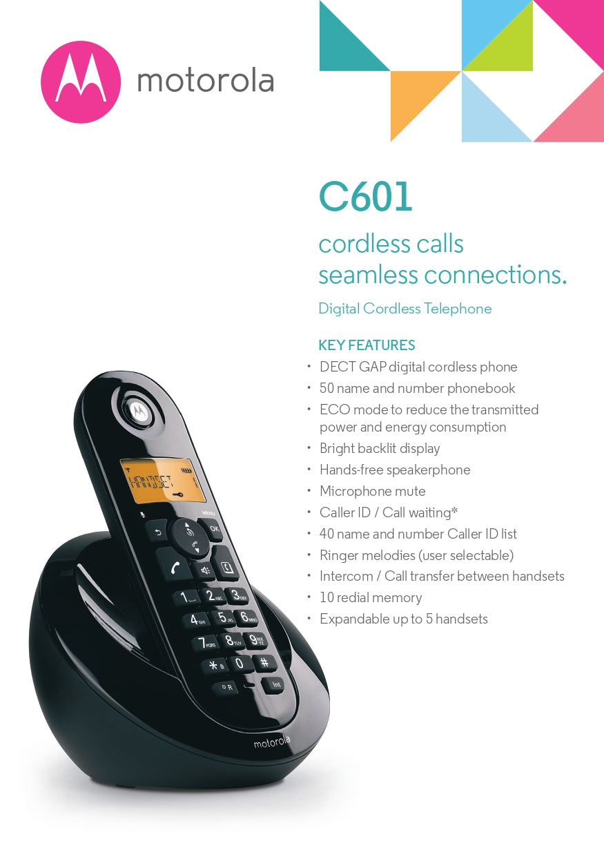 Motorola | C601 | Curve Design Digital Cordless Phone | 2 Year Warranty