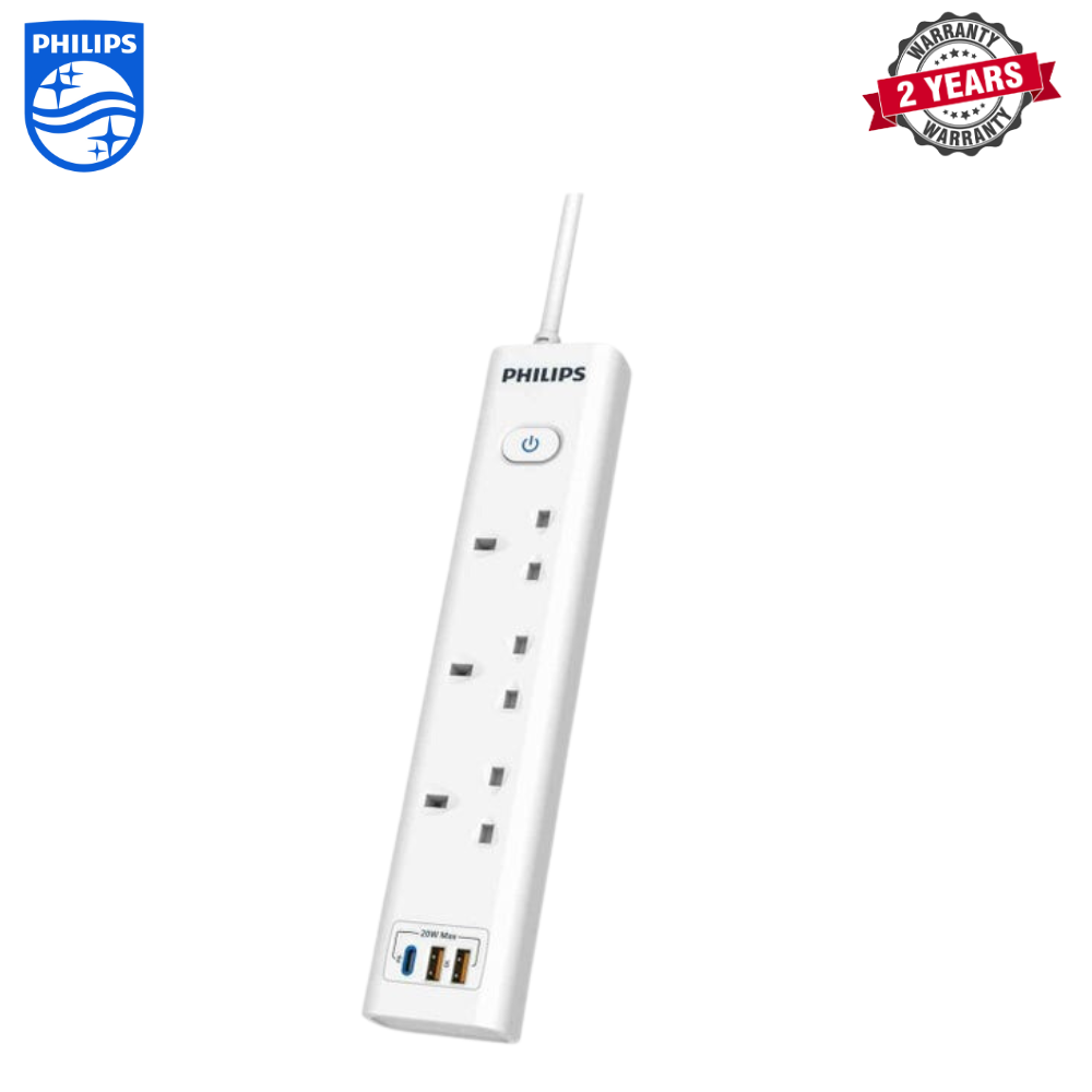 Philips | CHP8231WA/69 | 3 Gang Extension Socket with 2*USB A & 1*USB C, On/off button | 2 Years Warranty