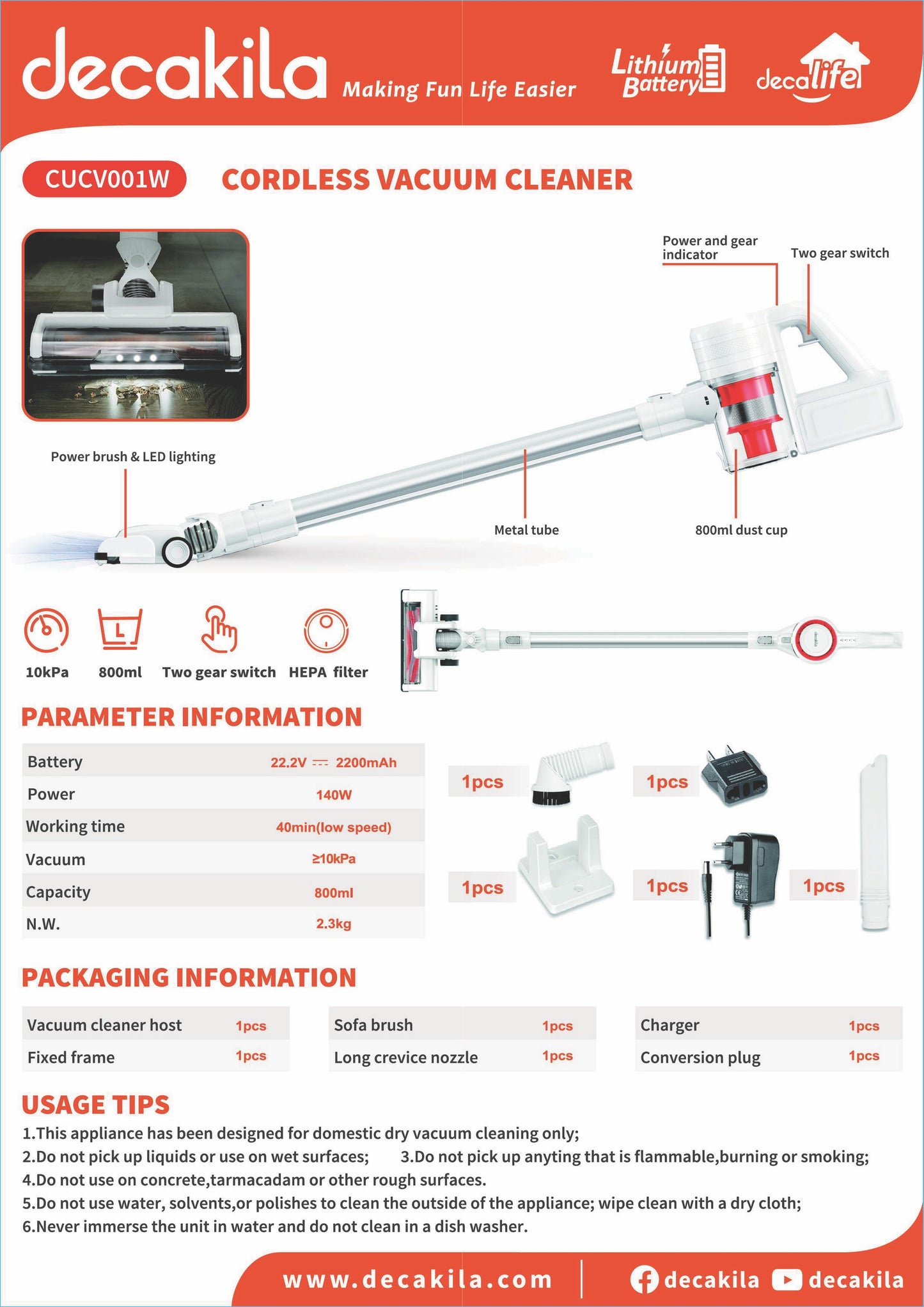 Decakila | CUCV001W | Decalife | Cordless Vacuum Cleaner, ≥10kPa, 140W | 1 Year Warranty