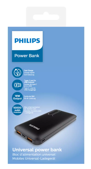 Philips Powerbank | DLP6812CB/00 | 10,000 mAh Li-Polymer USB-C PD + USB-A Quick Charge 3.0 18W + USB-A 2.1A | 1 Year Warranty