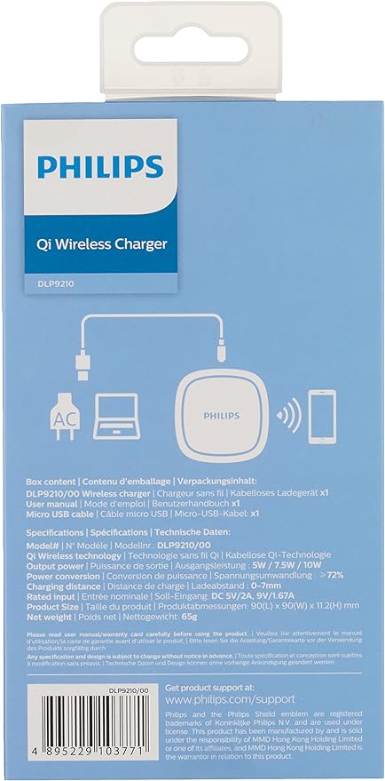 Philips Qi Wireless Charger | DLP9210/00 | Qi Wireless Technology 10W Max | 1 Year Warranty