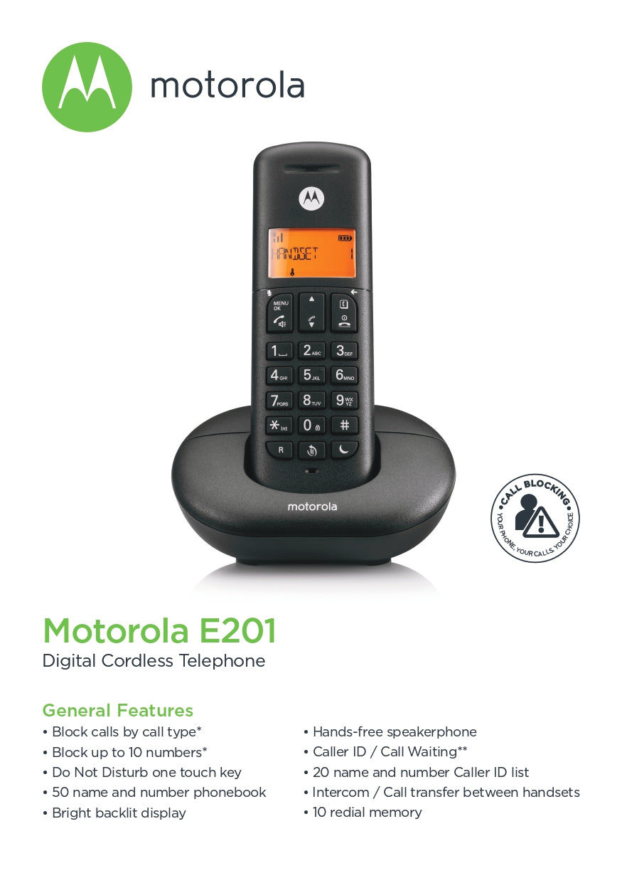 Motorola | E201 | Cordless Phone Single Handset | 2 Year Warranty