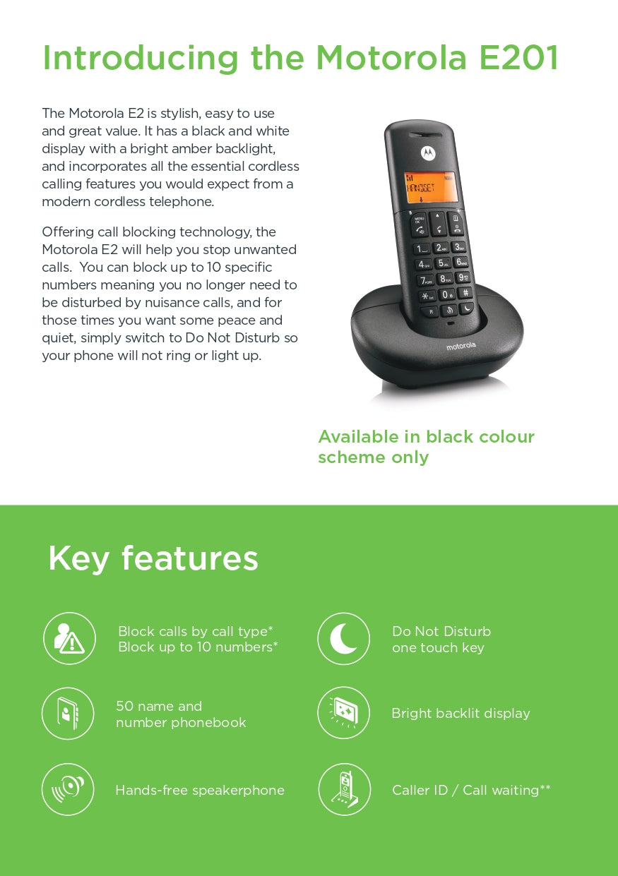 Motorola | E201 | Cordless Phone Single Handset | 2 Year Warranty