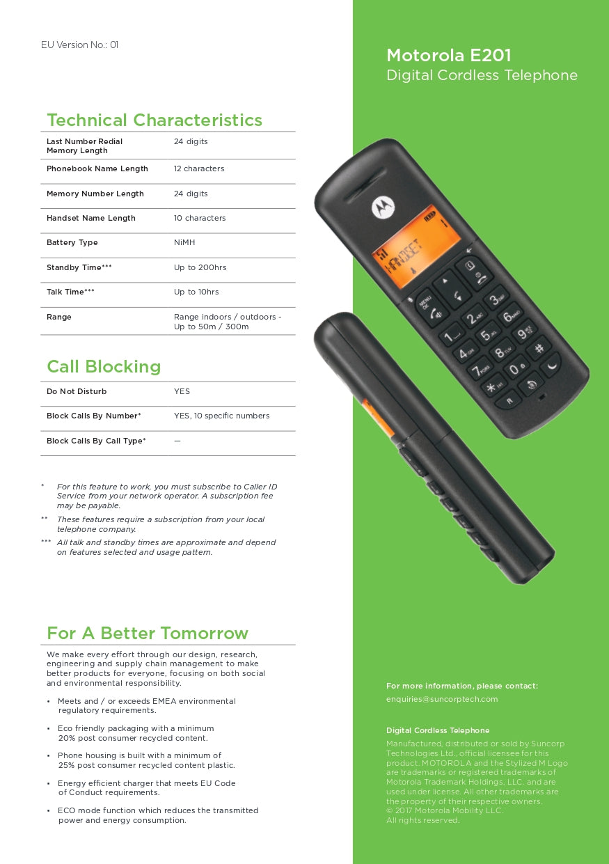 Motorola | E201 | Cordless Phone Single Handset | 2 Year Warranty