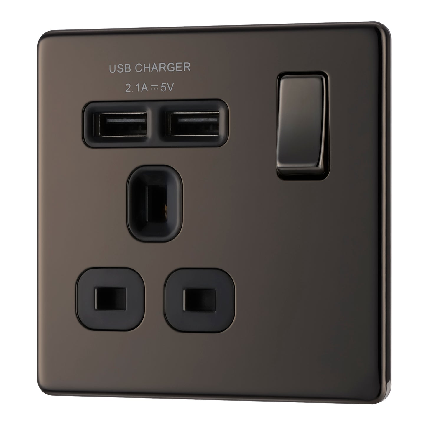 British General | FBN21U2B | Flatplate Screwless  13A Switched Single Socket with USB Charger, 13A, 1 gang SP, switched + 2 x USB (2.1A) | 10 Years Warranty