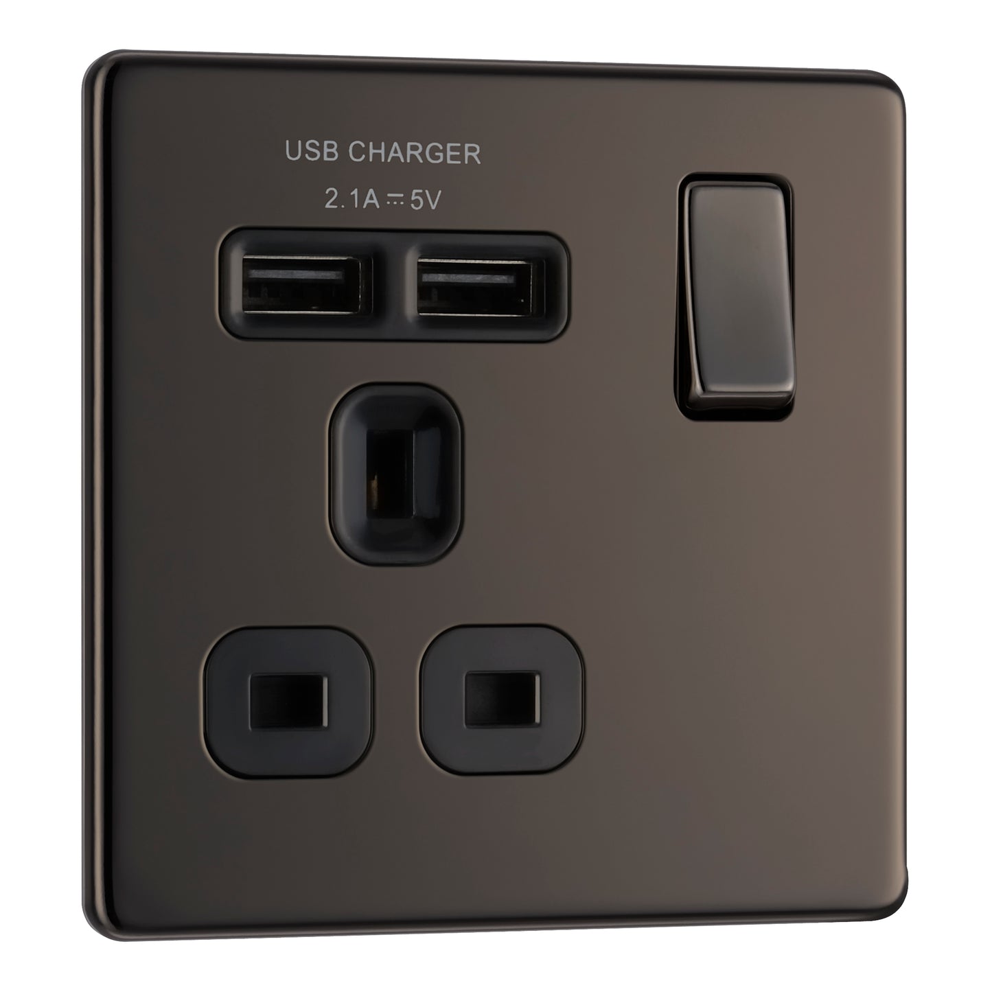 British General | FBN21U2B | Flatplate Screwless  13A Switched Single Socket with USB Charger, 13A, 1 gang SP, switched + 2 x USB (2.1A) | 10 Years Warranty