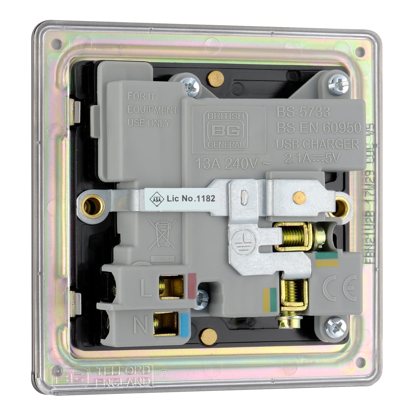 British General | FBN21U2B | Flatplate Screwless  13A Switched Single Socket with USB Charger, 13A, 1 gang SP, switched + 2 x USB (2.1A) | 10 Years Warranty