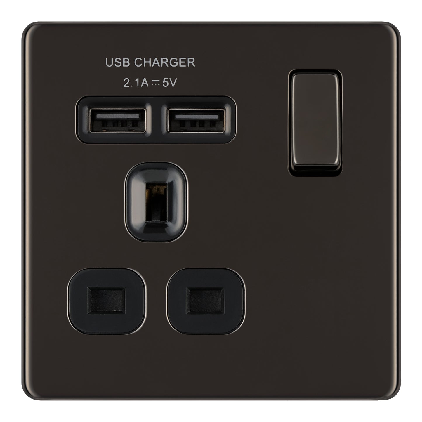 British General | FBN21U2B | Flatplate Screwless  13A Switched Single Socket with USB Charger, 13A, 1 gang SP, switched + 2 x USB (2.1A) | 10 Years Warranty