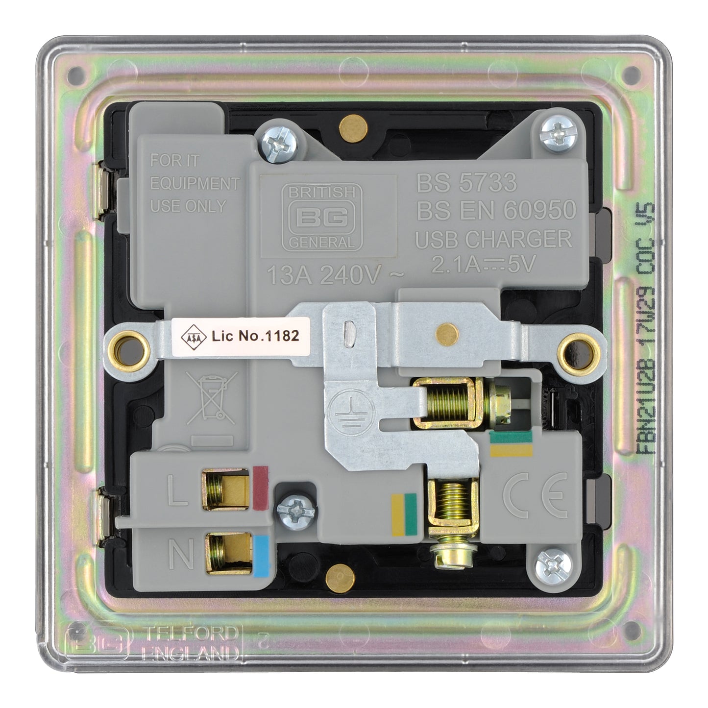 British General | FBN21U2B | Flatplate Screwless  13A Switched Single Socket with USB Charger, 13A, 1 gang SP, switched + 2 x USB (2.1A) | 10 Years Warranty