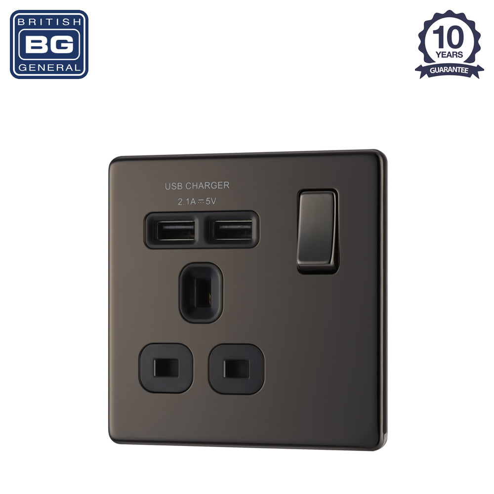 British General | FBN21U2B | Flatplate Screwless  13A Switched Single Socket with USB Charger, 13A, 1 gang SP, switched + 2 x USB (2.1A) | 10 Years Warranty