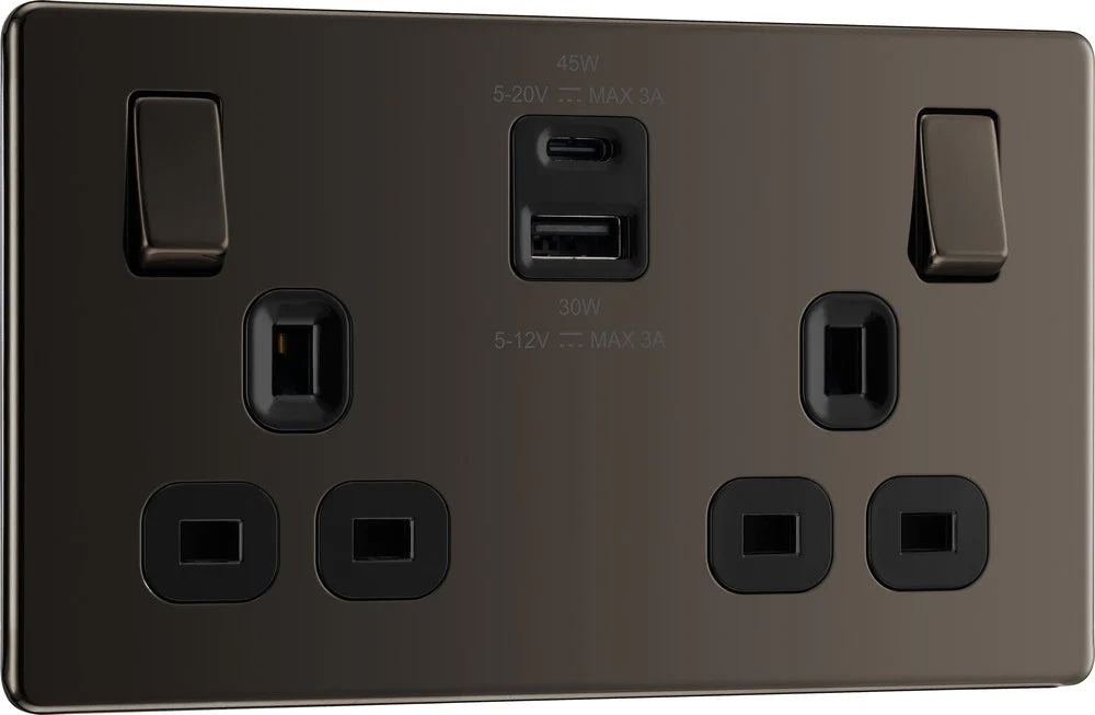 British General | FBN22UAC45B | Flatplate Screwless Double Socket with 45W USB-C Charger | 10 Years Warranty