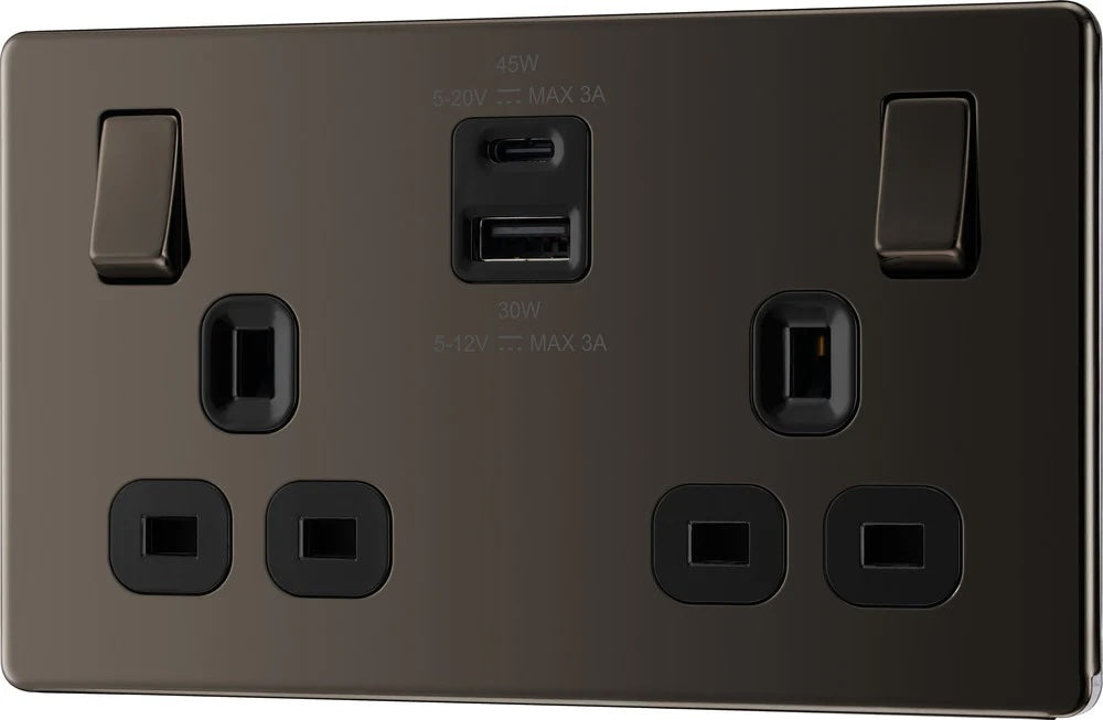 British General | FBN22UAC45B | Flatplate Screwless Double Socket with 45W USB-C Charger | 10 Years Warranty