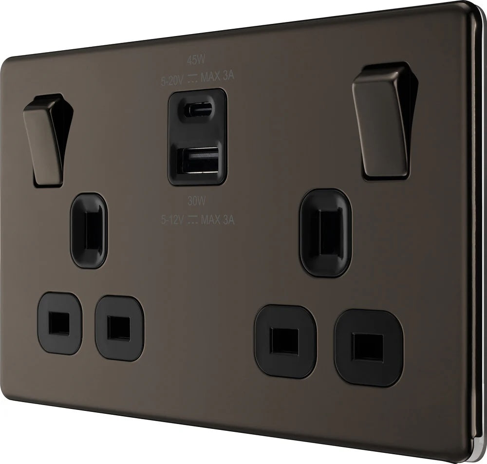 British General | FBN22UAC45B | Flatplate Screwless Double Socket with 45W USB-C Charger | 10 Years Warranty