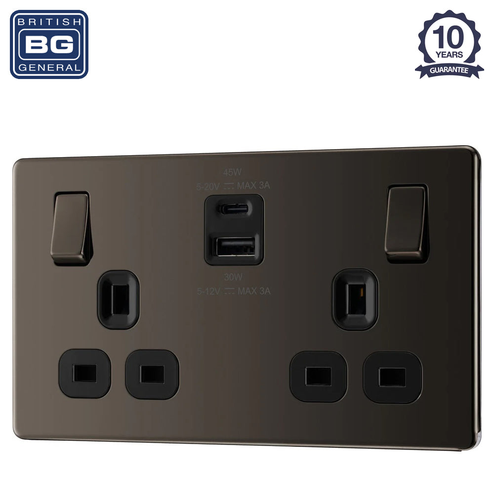 British General | FBN22UAC45B | Flatplate Screwless Double Socket with 45W USB-C Charger | 10 Years Warranty