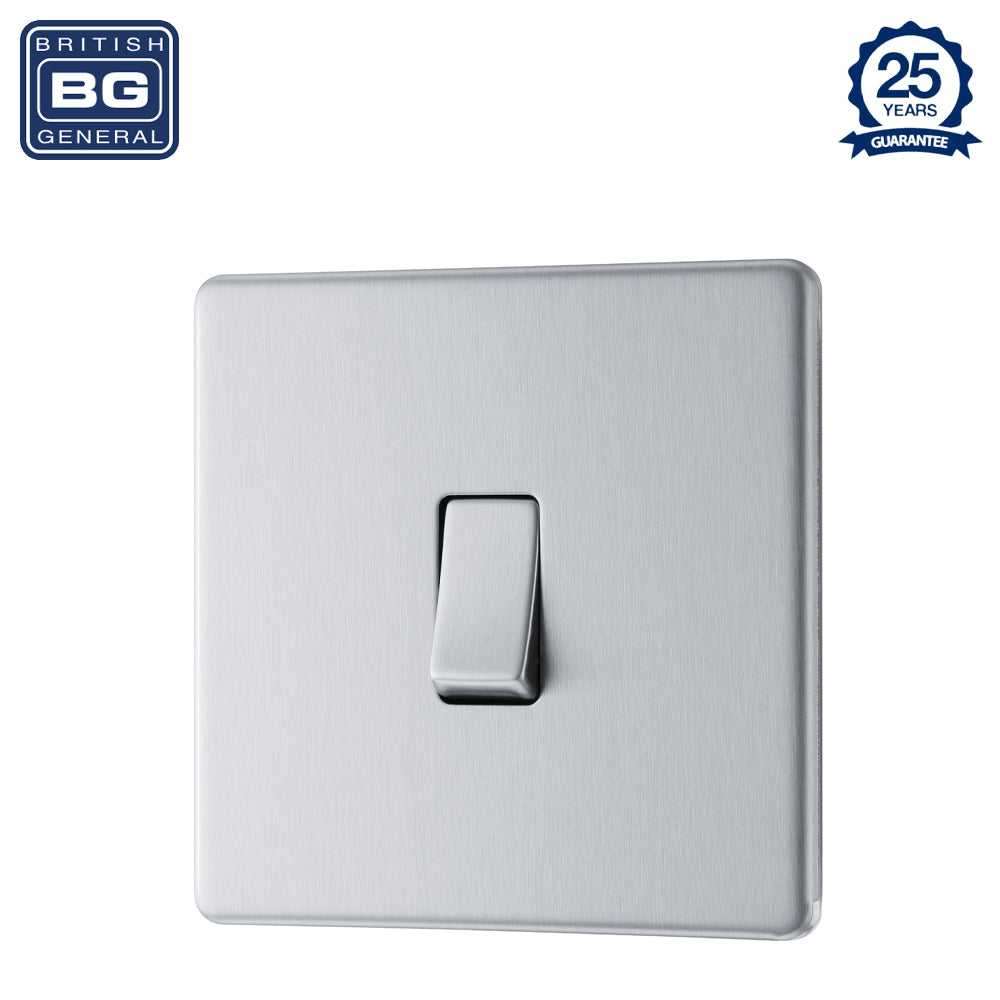 British General | FBS11 | Screwless Flatplate, 10A 10AX Plate Switches, 1 Gang 1 Way, Brushed Steel | 25 Years Warranty