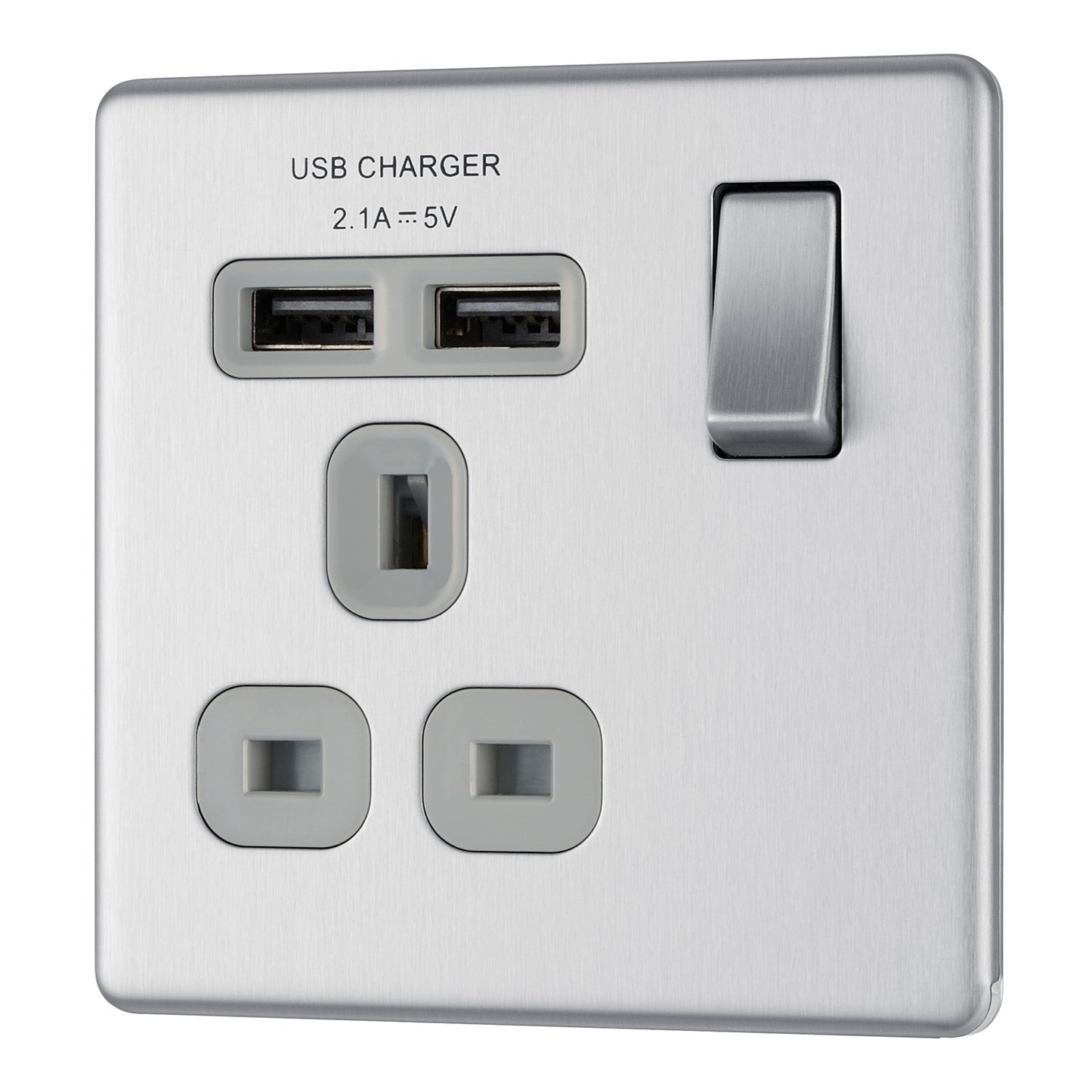 British General | FBS21U2G | Screwless Flatplate 13A Switched Single Socket with USB Charger, 13A, 1 gang SP, switched + 2 x USB (2.1A) | 10 Years Warranty