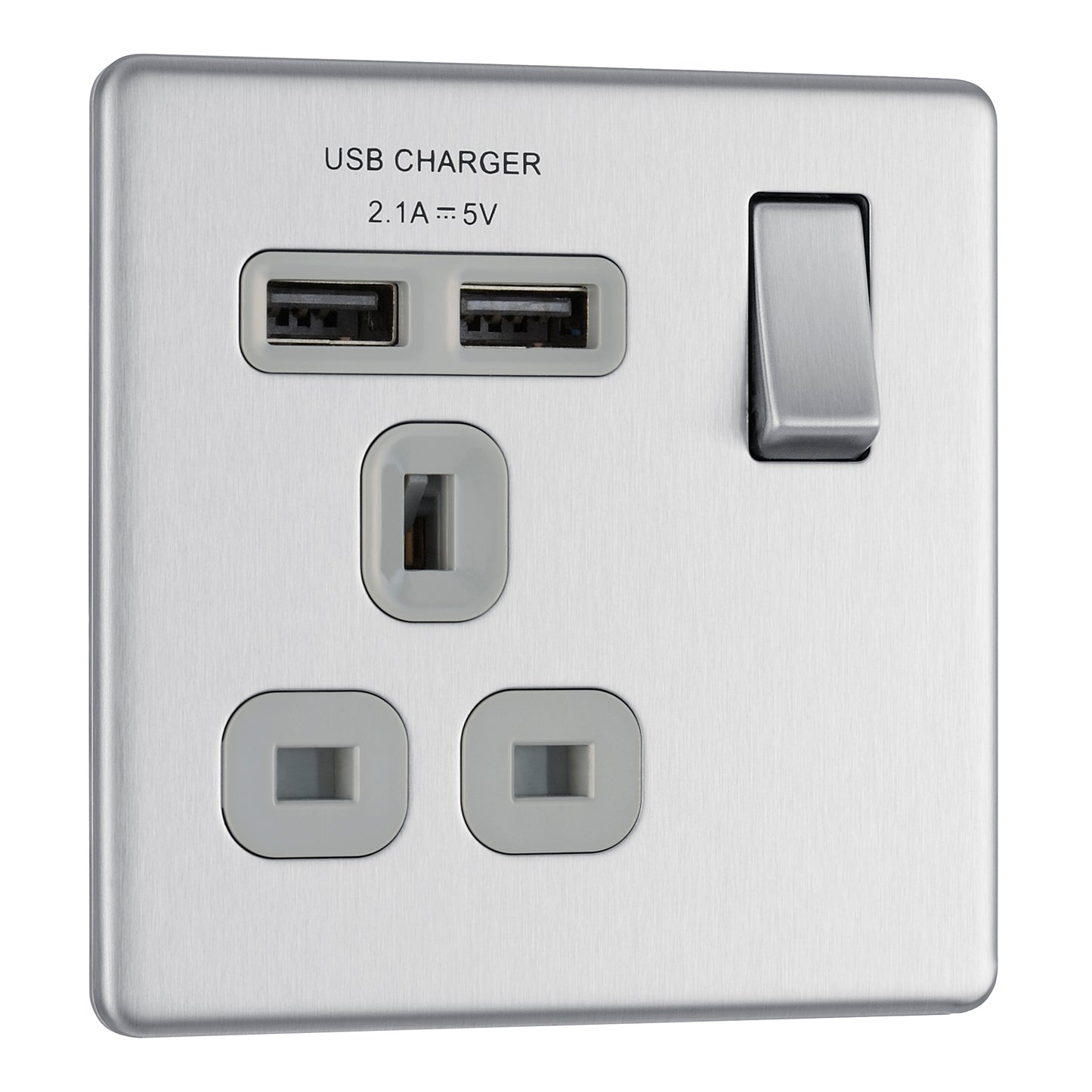 British General | FBS21U2G | Screwless Flatplate 13A Switched Single Socket with USB Charger, 13A, 1 gang SP, switched + 2 x USB (2.1A) | 10 Years Warranty