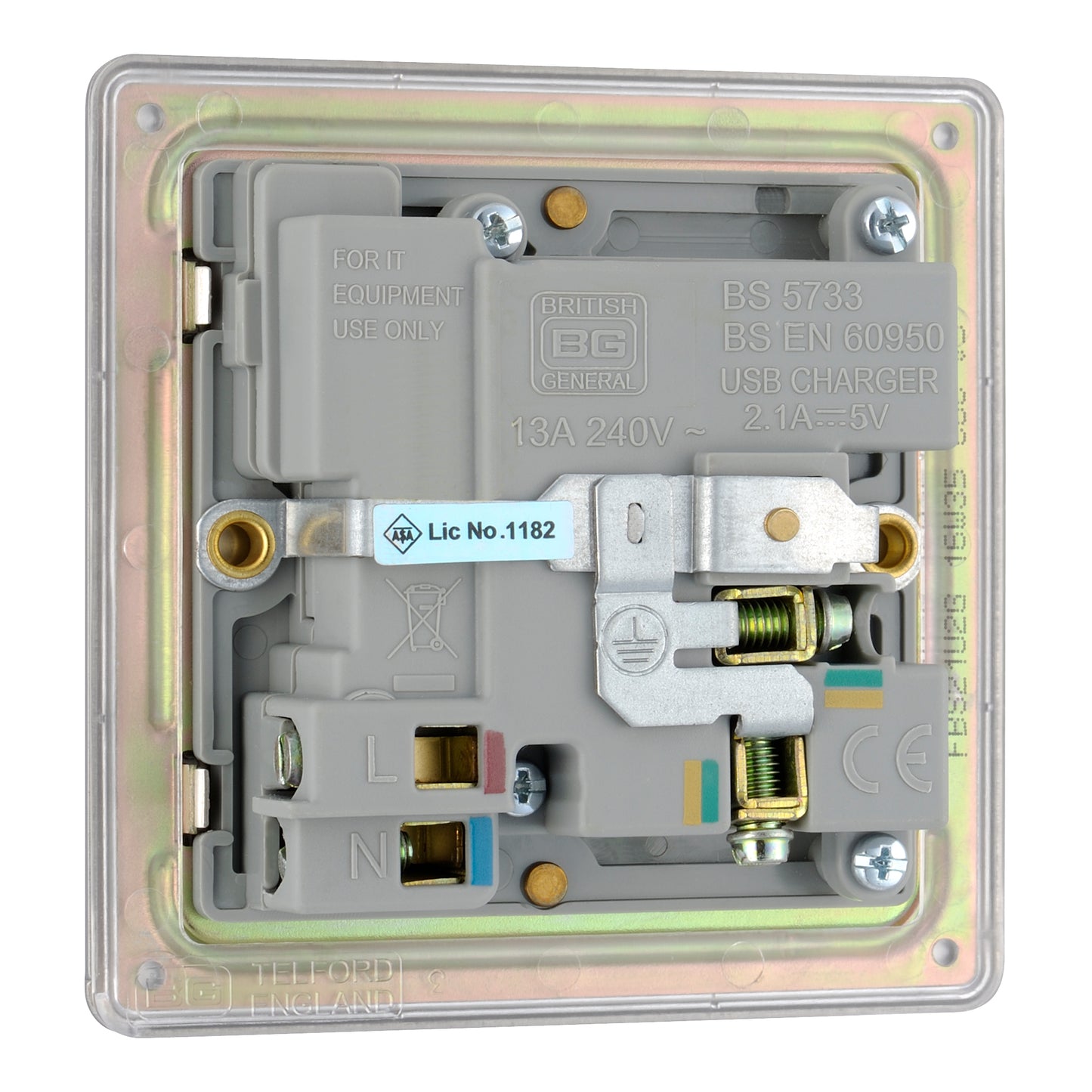 British General | FBS21U2G | Screwless Flatplate 13A Switched Single Socket with USB Charger, 13A, 1 gang SP, switched + 2 x USB (2.1A) | 10 Years Warranty