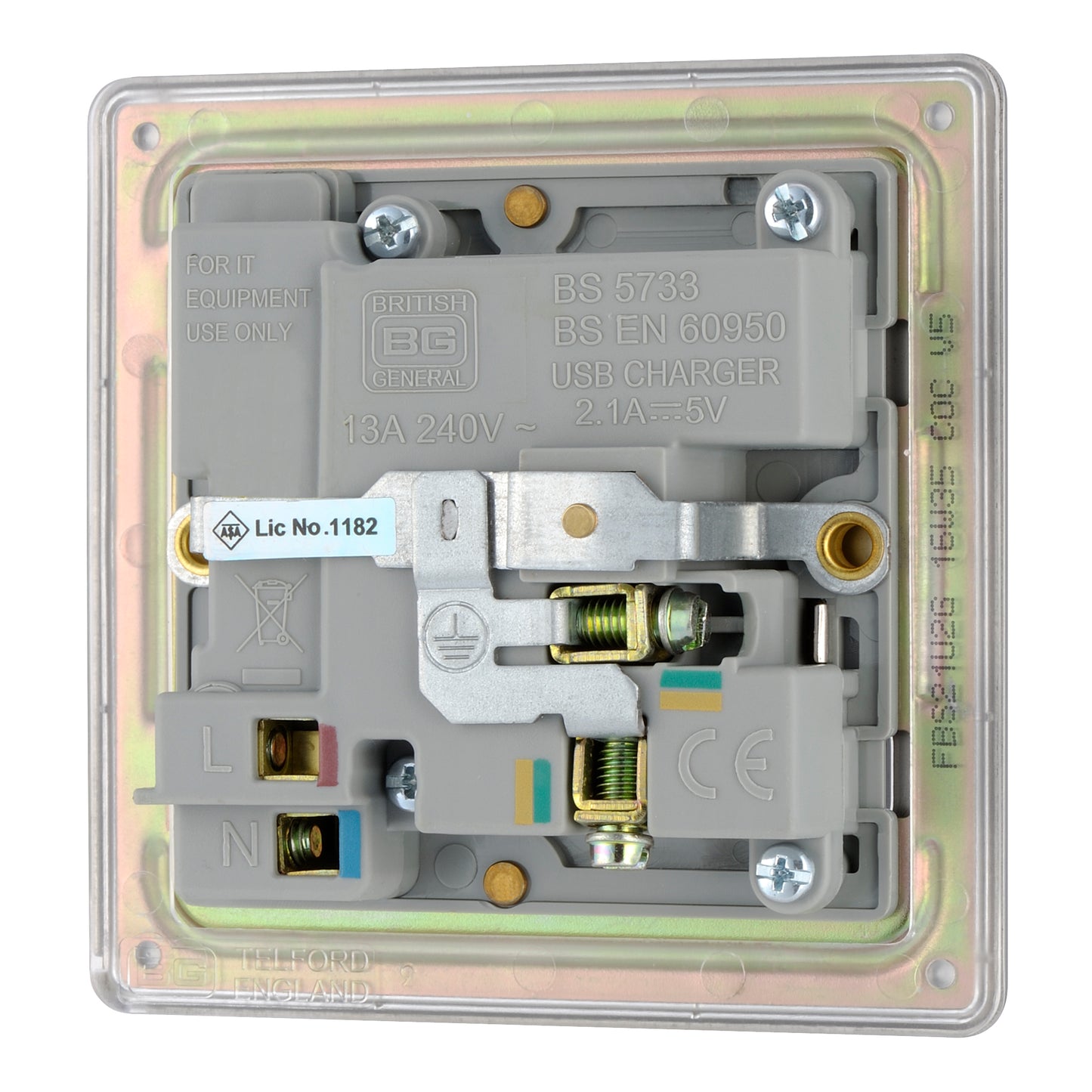 British General | FBS21U2G | Screwless Flatplate 13A Switched Single Socket with USB Charger, 13A, 1 gang SP, switched + 2 x USB (2.1A) | 10 Years Warranty