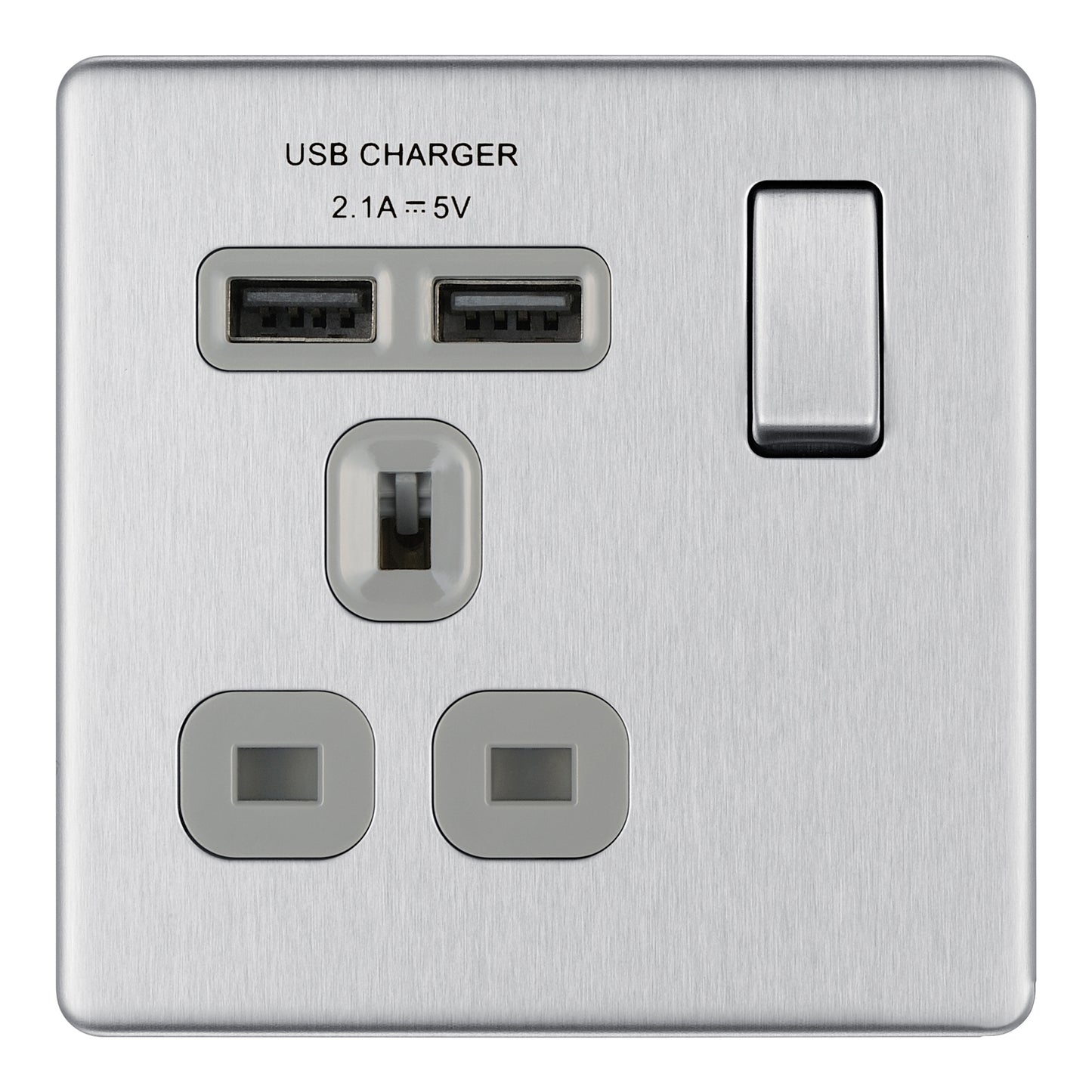 British General | FBS21U2G | Screwless Flatplate 13A Switched Single Socket with USB Charger, 13A, 1 gang SP, switched + 2 x USB (2.1A) | 10 Years Warranty