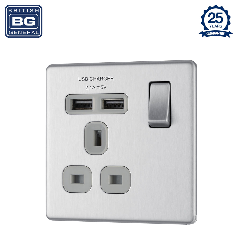 British General | FBS21U2G | Screwless Flatplate 13A Switched Single Socket with USB Charger, 13A, 1 gang SP, switched + 2 x USB (2.1A) | 10 Years Warranty