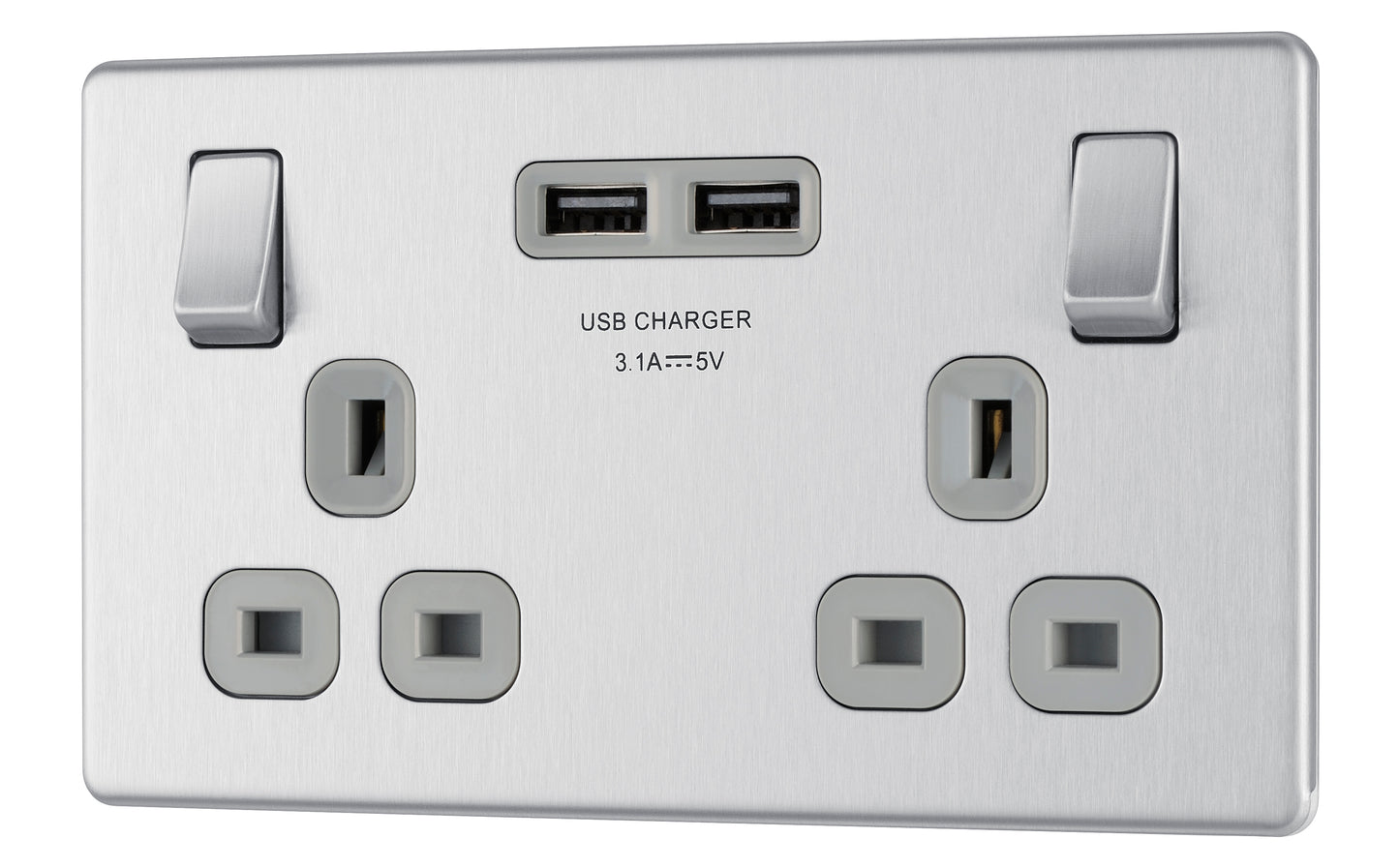 British General | FBS22U3G | Flatplate Screwless Double Socket with USB Charger | 10 Years Warranty