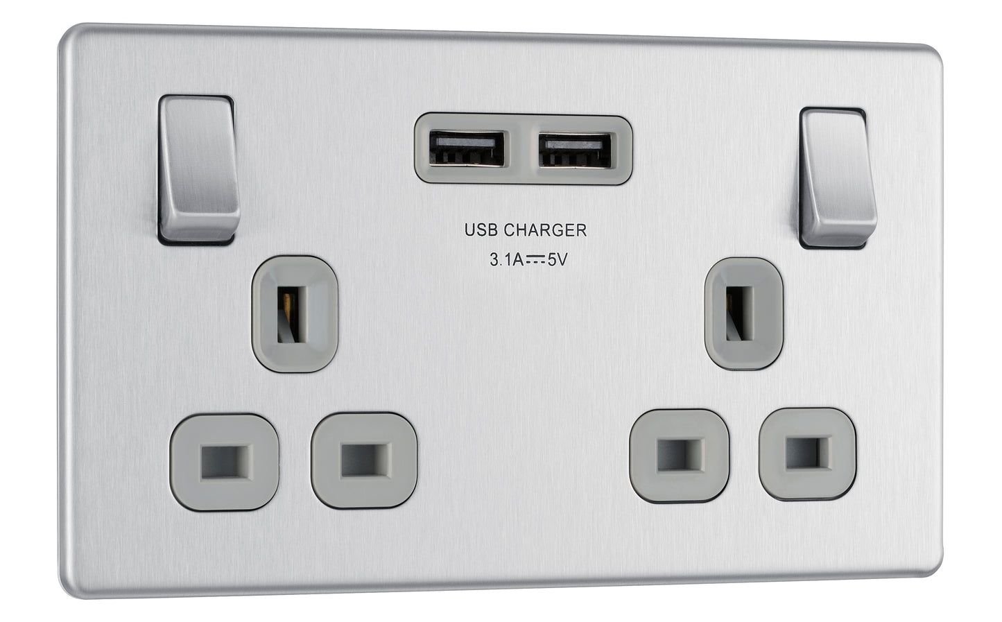 British General | FBS22U3G | Flatplate Screwless Double Socket with USB Charger | 10 Years Warranty