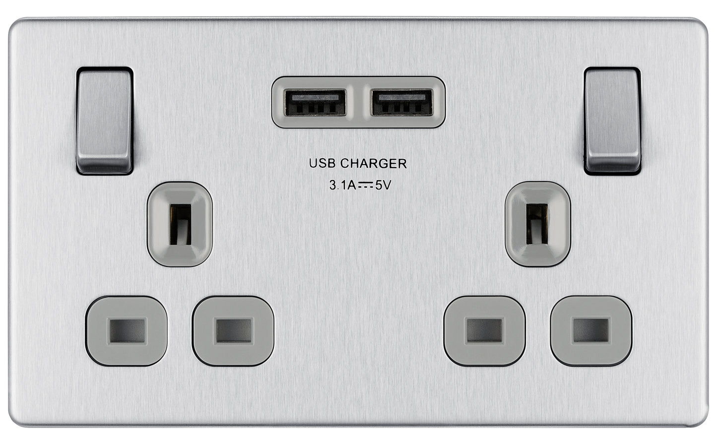 British General | FBS22U3G | Flatplate Screwless Double Socket with USB Charger | 10 Years Warranty