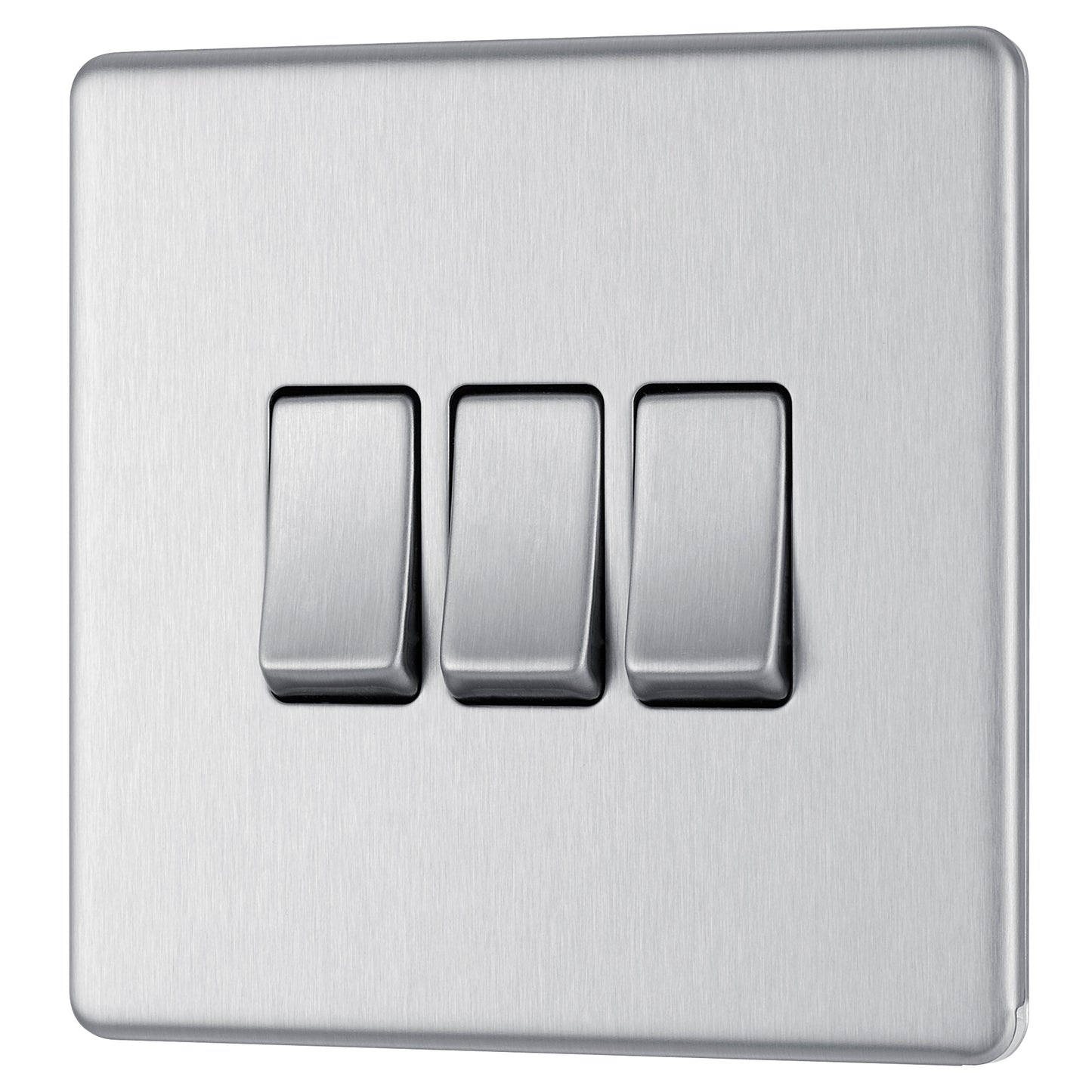 British General | FBS43 | FlatPlate Screwless Triple Gang 2 Way Switch, Brushed Steel | 25 Years Warranty