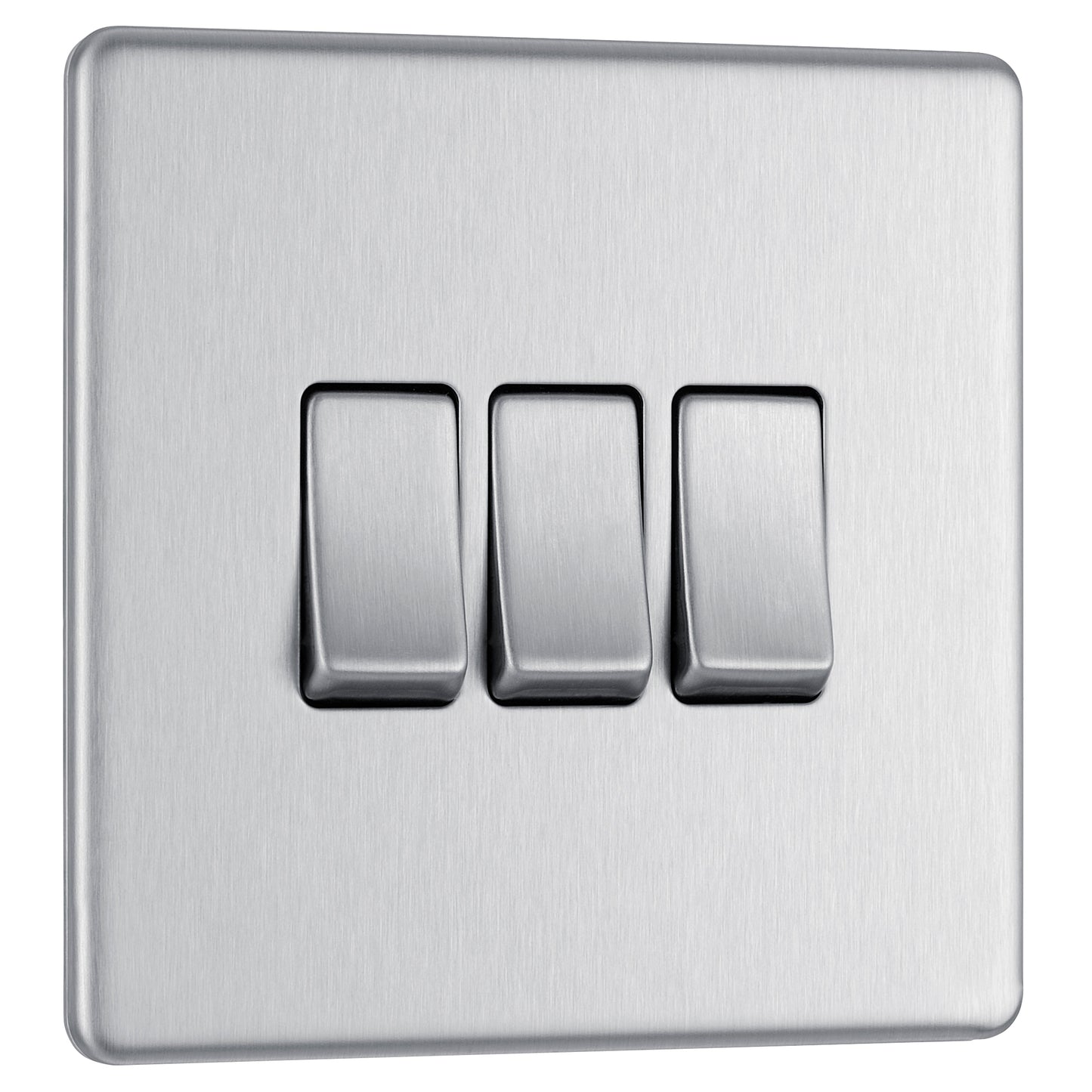 British General | FBS43 | FlatPlate Screwless Triple Gang 2 Way Switch, Brushed Steel | 25 Years Warranty