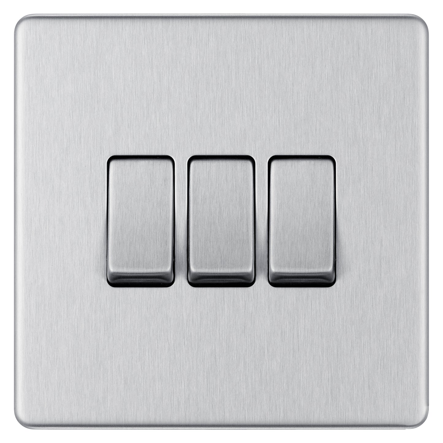 British General | FBS43 | FlatPlate Screwless Triple Gang 2 Way Switch, Brushed Steel | 25 Years Warranty